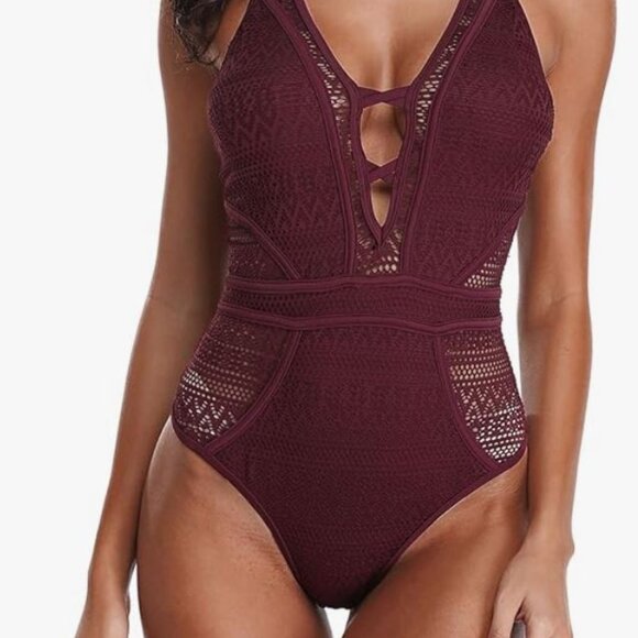 SOCIALA Women's Crochet One Piece Swimsuits V Neck High Waist Bathing Suit Sexy - Picture 1 of 3